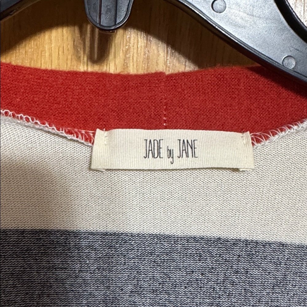 Jade by Jane Black and Cream Striped Cardigan with Rust Trim and Pockets - Picture 2 of 3